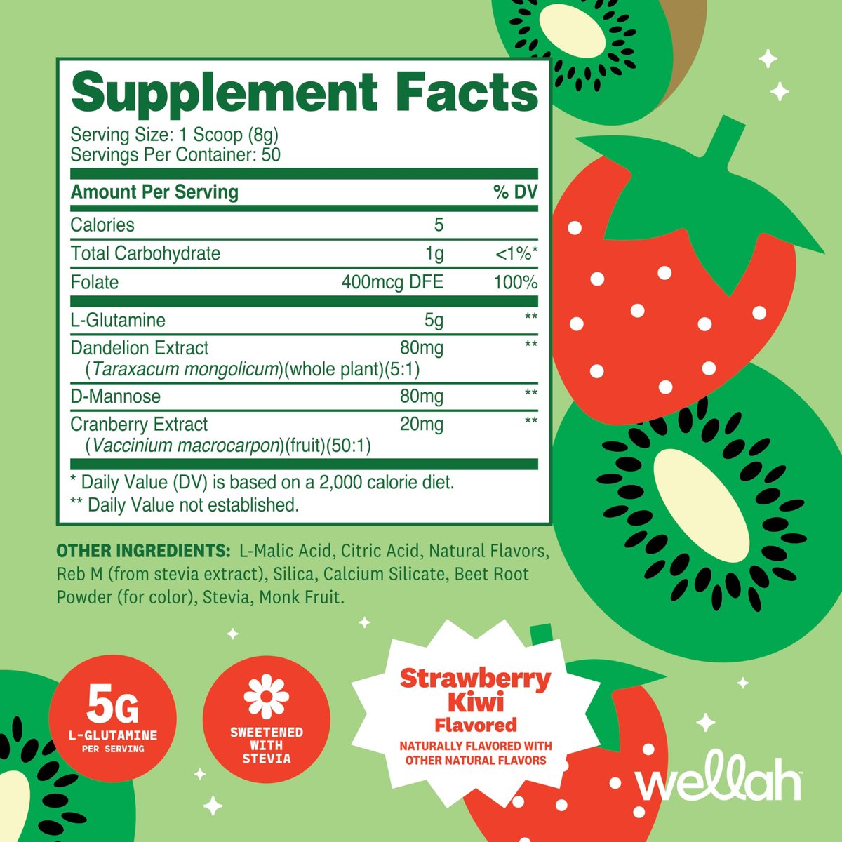 Wellah L-Glutamin Pulver Erdbeer-Kiwi (50 Portionen) - 5g L-Glutamin pro Portion, mit Stevia gesüßt
