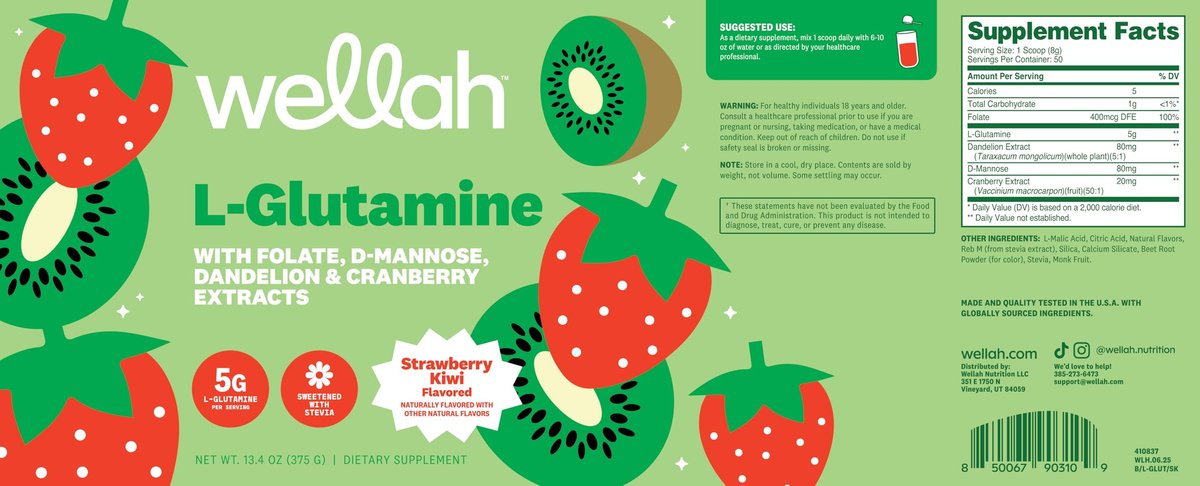 Wellah L-Glutamin Pulver Erdbeer-Kiwi (50 Portionen) - 5g L-Glutamin pro Portion, mit Stevia gesüßt