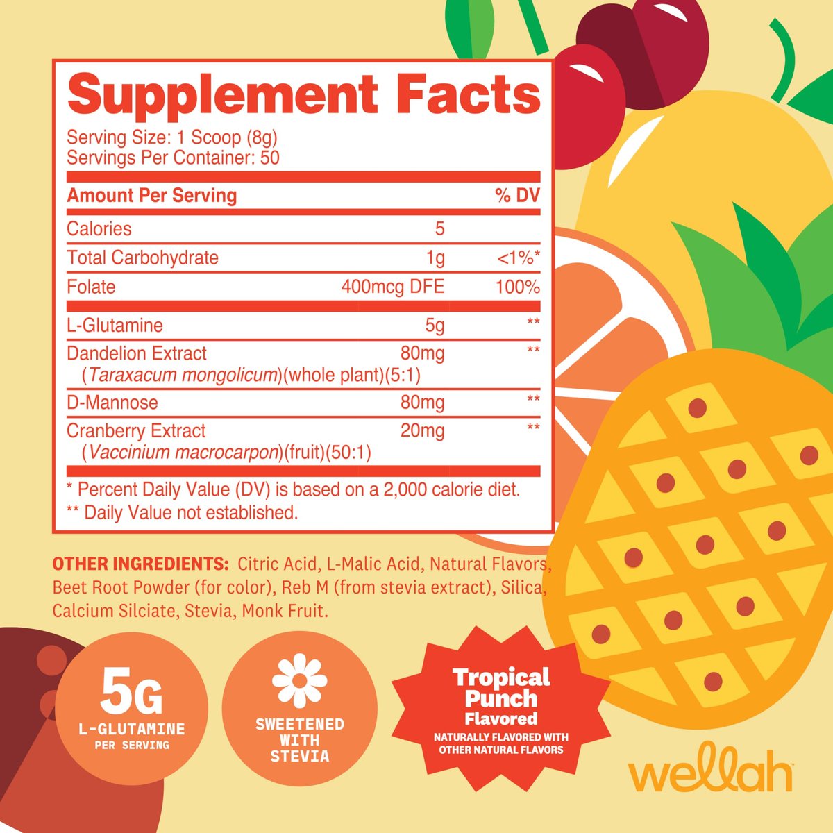 Wellah L-Glutamin Pulver Tropical Punch (50 Portionen) - 5g L-Glutamin pro Portion, gesüßt mit Stevia
