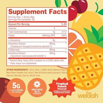 Wellah L-Glutamin Pulver Tropical Punch (50 Portionen) - 5g L-Glutamin pro Portion, gesüßt mit Stevia