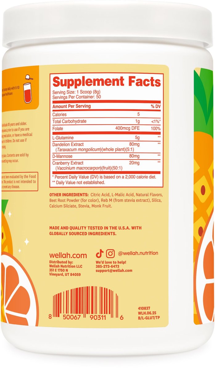 Wellah L-Glutamin Pulver Tropical Punch (50 Portionen) - 5g L-Glutamin pro Portion, gesüßt mit Stevia