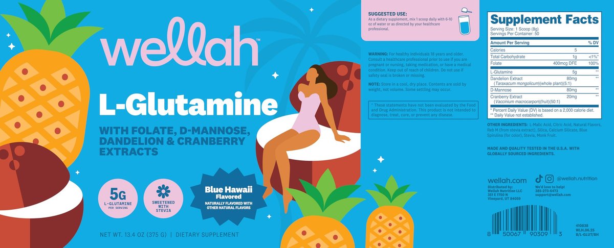 Wellah L-Glutamin Pulver Blue Hawaii (50 Portionen) - 5g L-Glutamin pro Portion, mit Stevia gesüßt