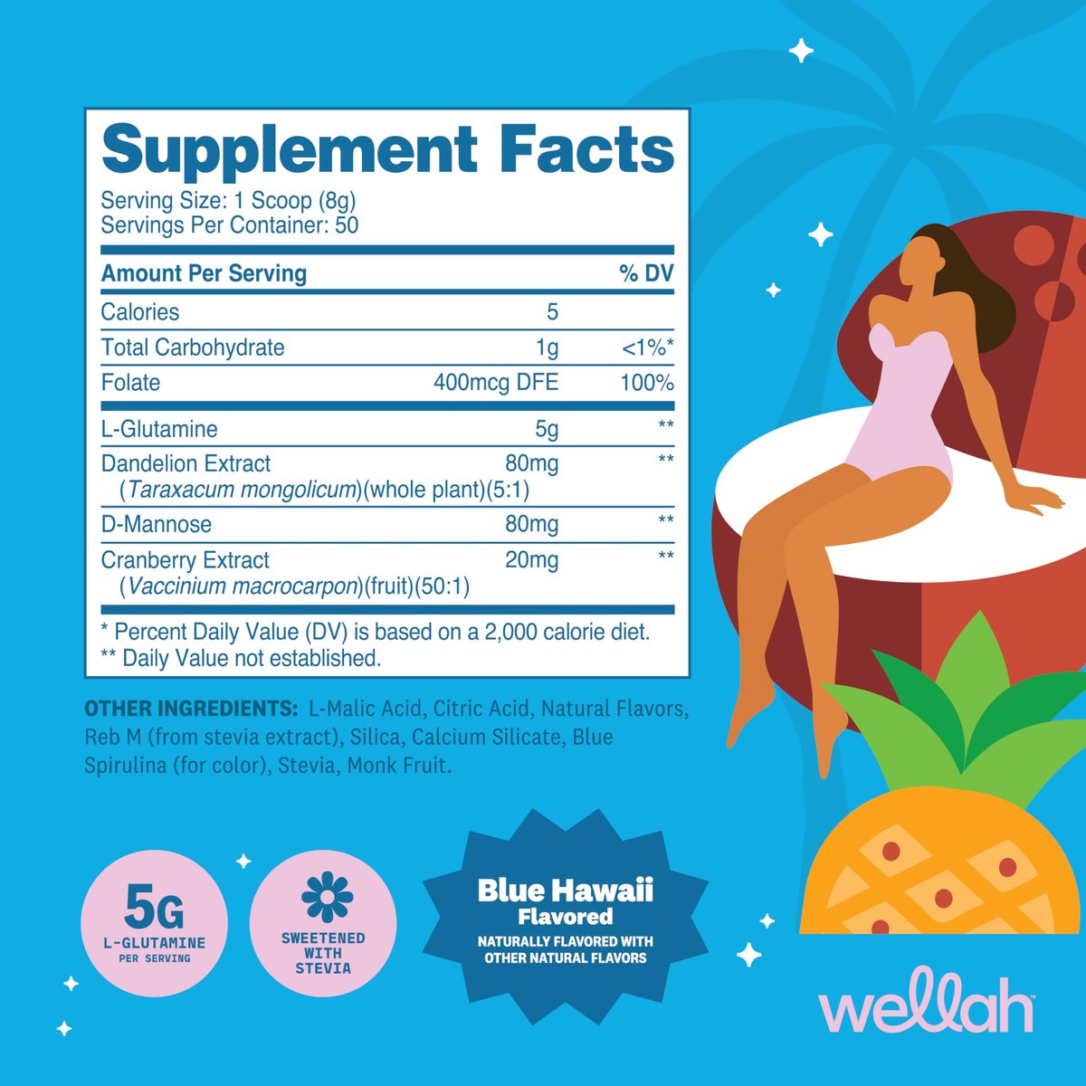 Wellah L-Glutamin Pulver Blue Hawaii (50 Portionen) - 5g L-Glutamin pro Portion, mit Stevia gesüßt