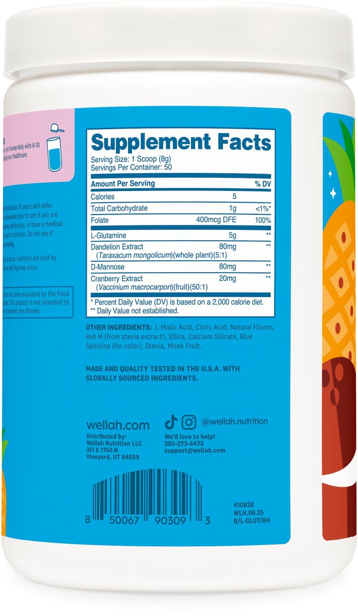 Wellah L-Glutamin Pulver Blue Hawaii (50 Portionen) - 5g L-Glutamin pro Portion, mit Stevia gesüßt