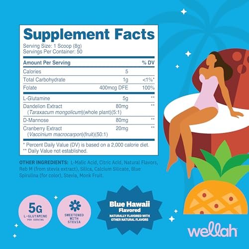 Wellah L-Glutamin Pulver Blue Hawaii (50 Portionen) - 5g L-Glutamin pro Portion, mit Stevia gesüßt