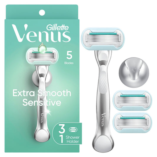 Gillette Venus Extra Smooth Sensitive Damenrasierer mit wiederverwendbarem Griff, 3 Klingennachfüllungen und Duschhalterung