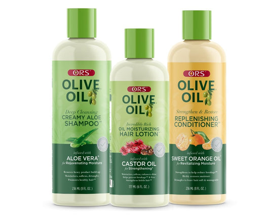 ORS Olive Oil Shampoo, Conditioner & Haarlotion für stärkeres und gesünderes Haar – 3-teiliges Set