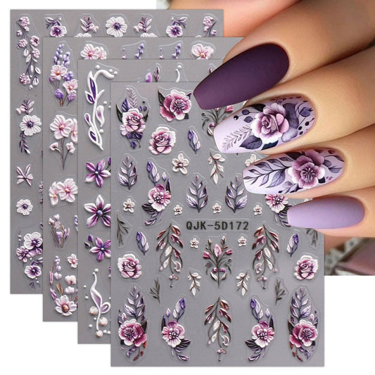 JMEOWIO 3D Geprägte Blumen-Nagelkunst-Aufkleber – 5D Frühlings-Sommer-Floral-Nageldesign, selbstklebend, 4 Bögen