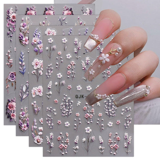 JMEOWIO 3D geprägte Blumen-Nagelaufkleber, selbstklebend, 5D, Frühlings-Sommer, florale Nagelkunst, 4 Blätter