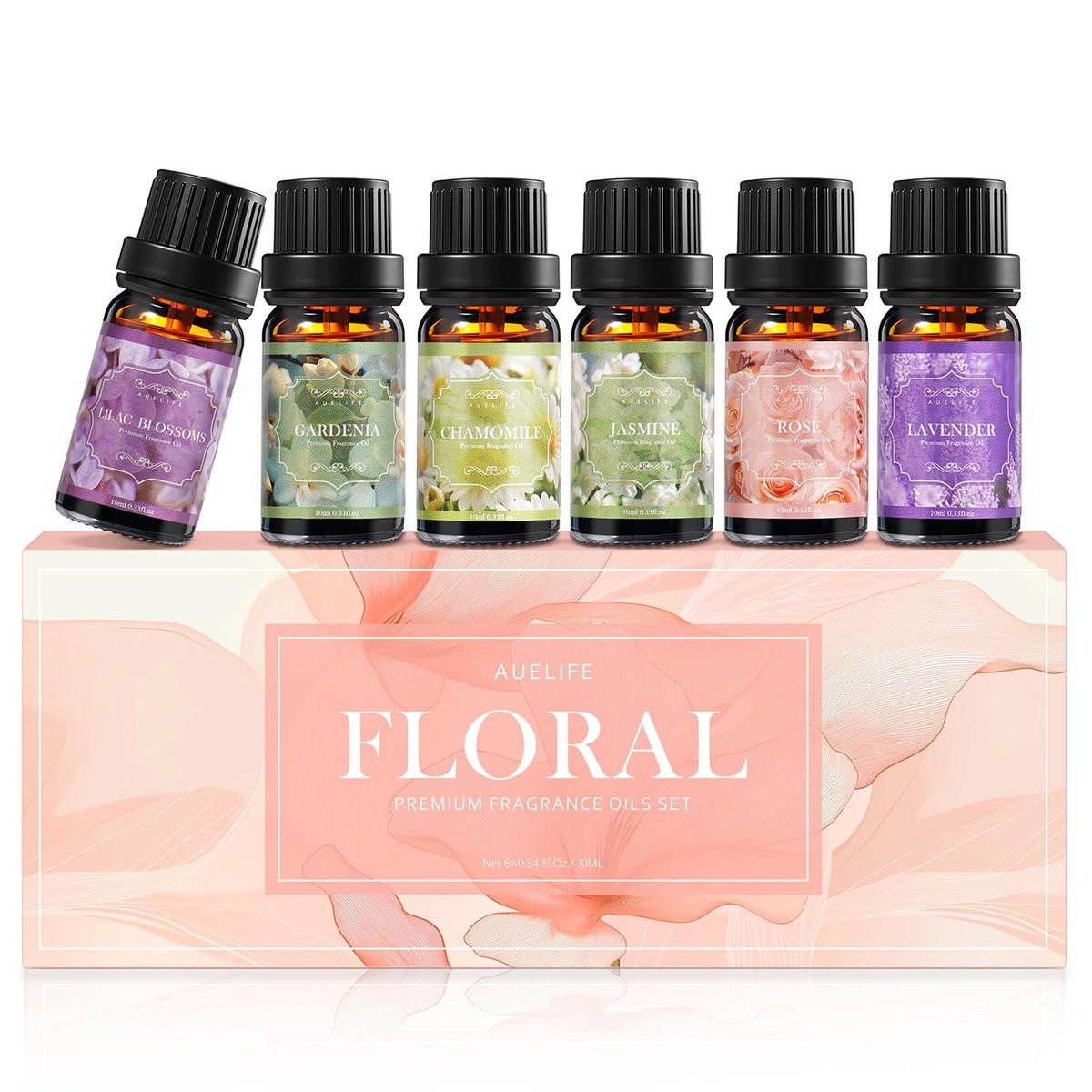 Auelife Florale Duftöle Set - 6x10ml Rose, Jasmin, Lavendel, Gardenia - Reine ätherische Öle für Diffuser, Kerzenherstellung, DIY Badebomben, romantische Aromatherapie