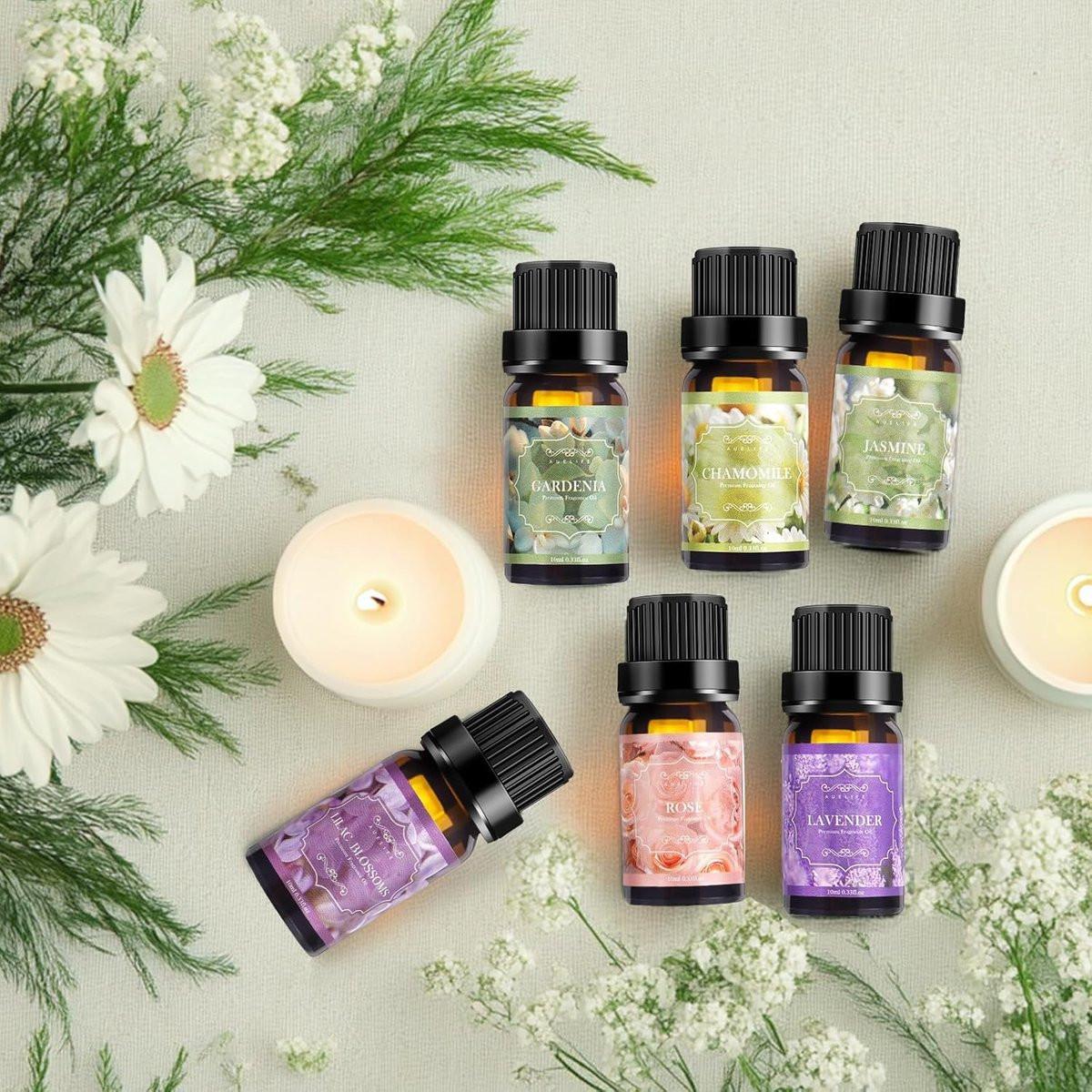 Auelife Florale Duftöle Set - 6x10ml Rose, Jasmin, Lavendel, Gardenia - Reine ätherische Öle für Diffuser, Kerzenherstellung, DIY Badebomben, romantische Aromatherapie
