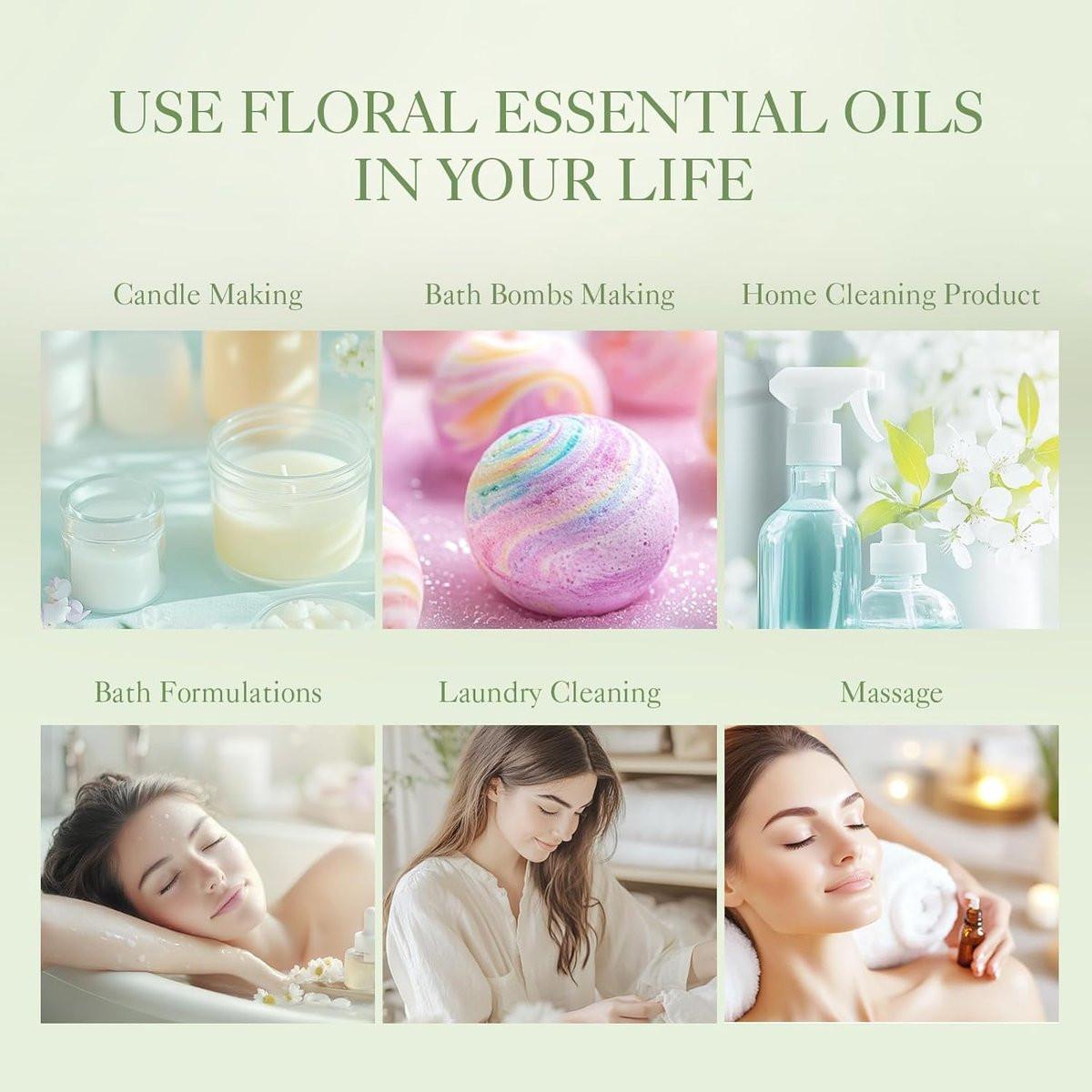 Auelife Florale Duftöle Set - 6x10ml Rose, Jasmin, Lavendel, Gardenia - Reine ätherische Öle für Diffuser, Kerzenherstellung, DIY Badebomben, romantische Aromatherapie