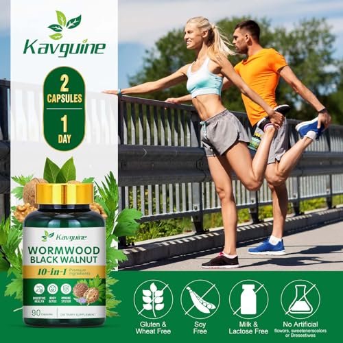 Kavguine 10-in-1 Wermut Kapseln - 90 Kapseln mit Schwarznuss, Nelken, schwarzem Pfeffer, Kurkuma, Pfefferminze - Unterstützt Darmgesundheit & Verdauungsgleichgewicht