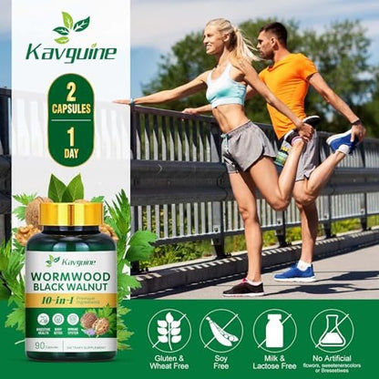Kavguine 10-in-1 Wermut Kapseln - 90 Kapseln mit Schwarznuss, Nelken, schwarzem Pfeffer, Kurkuma, Pfefferminze - Unterstützt Darmgesundheit & Verdauungsgleichgewicht