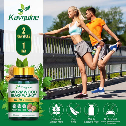Kavguine 10-in-1 Wermut Kapseln - 90 Kapseln mit Schwarznuss, Nelken, schwarzem Pfeffer, Kurkuma, Pfefferminze - Unterstützt Darmgesundheit & Verdauungsgleichgewicht