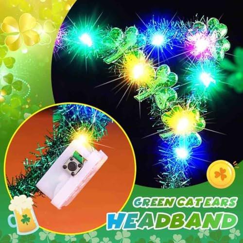Catery Leuchtendes St. Patrick's Day Stirnband mit Kleeblatt – Grüne Katzenohren Accessoire für Frauen