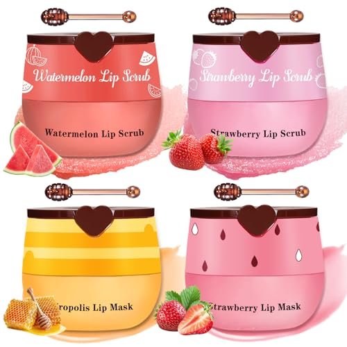 4-teiliges Lippenpeeling- und Maskenset LZXLUKGIR – Erdbeer- und Honig-Lippenbalsam, reduziert Lippenfältchen, exfoliert und spendet Feuchtigkeit, Reparatur-Bienenlippenbalsam, Lippenmaske für die Nacht