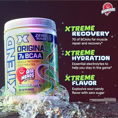 Xtend Original BCAA Pulver – 7g BCAAs & 2,5g L-Glutamin für Muskelregeneration, Hydration & magere Muskeln – Zuckerfreies Intra- & Post-Workout-Getränk – Airheads Xtreme Rainbow Berry – 30 Portionen