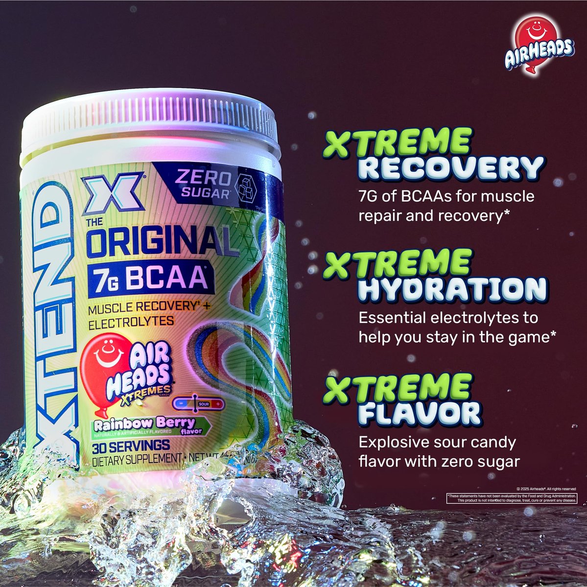 Xtend Original BCAA Pulver – 7g BCAAs & 2,5g L-Glutamin für Muskelregeneration, Hydration & magere Muskeln – Zuckerfreies Intra- & Post-Workout-Getränk – Airheads Xtreme Rainbow Berry – 30 Portionen