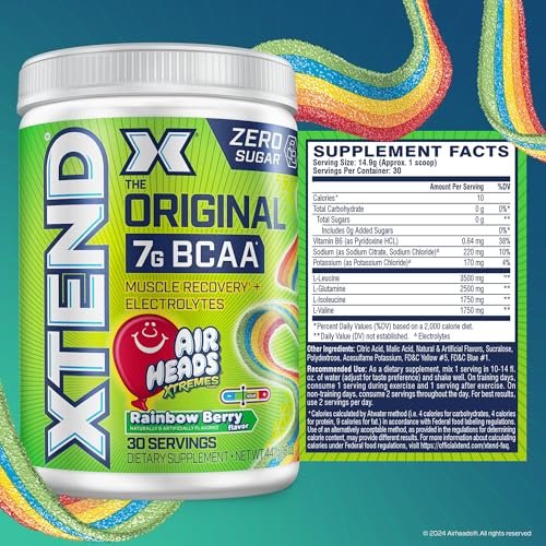 Xtend Original BCAA Pulver – 7g BCAAs & 2,5g L-Glutamin für Muskelregeneration, Hydration & magere Muskeln – Zuckerfreies Intra- & Post-Workout-Getränk – Airheads Xtreme Rainbow Berry – 30 Portionen