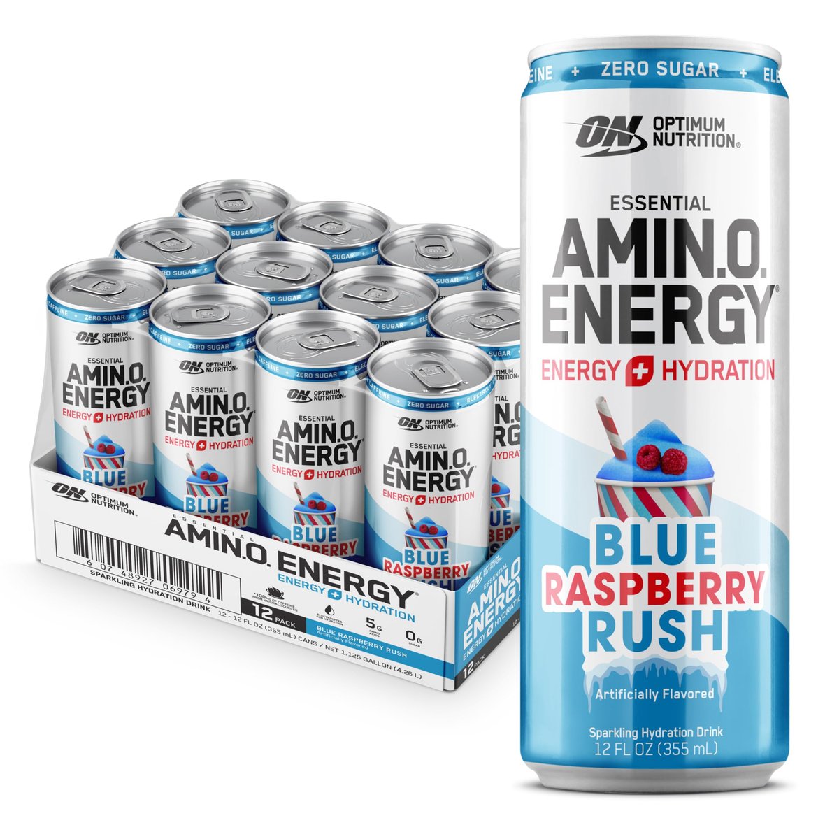 Optimum Nutrition Amino Energy Sparkling Hydration Drink, Elektrolyte, Koffein, Aminosäuren, BCAAs, Zuckerfrei, Neu: Blue Raspberry Rush, 12 Fl Oz, 12er Pack