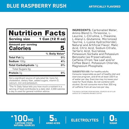 Optimum Nutrition Amino Energy Sparkling Hydration Drink, Elektrolyte, Koffein, Aminosäuren, BCAAs, Zuckerfrei, Neu: Blue Raspberry Rush, 12 Fl Oz, 12er Pack
