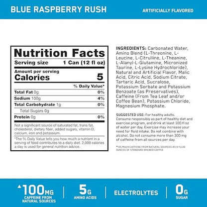 Optimum Nutrition Amino Energy Sparkling Hydration Drink, Elektrolyte, Koffein, Aminosäuren, BCAAs, Zuckerfrei, Neu: Blue Raspberry Rush, 12 Fl Oz, 12er Pack