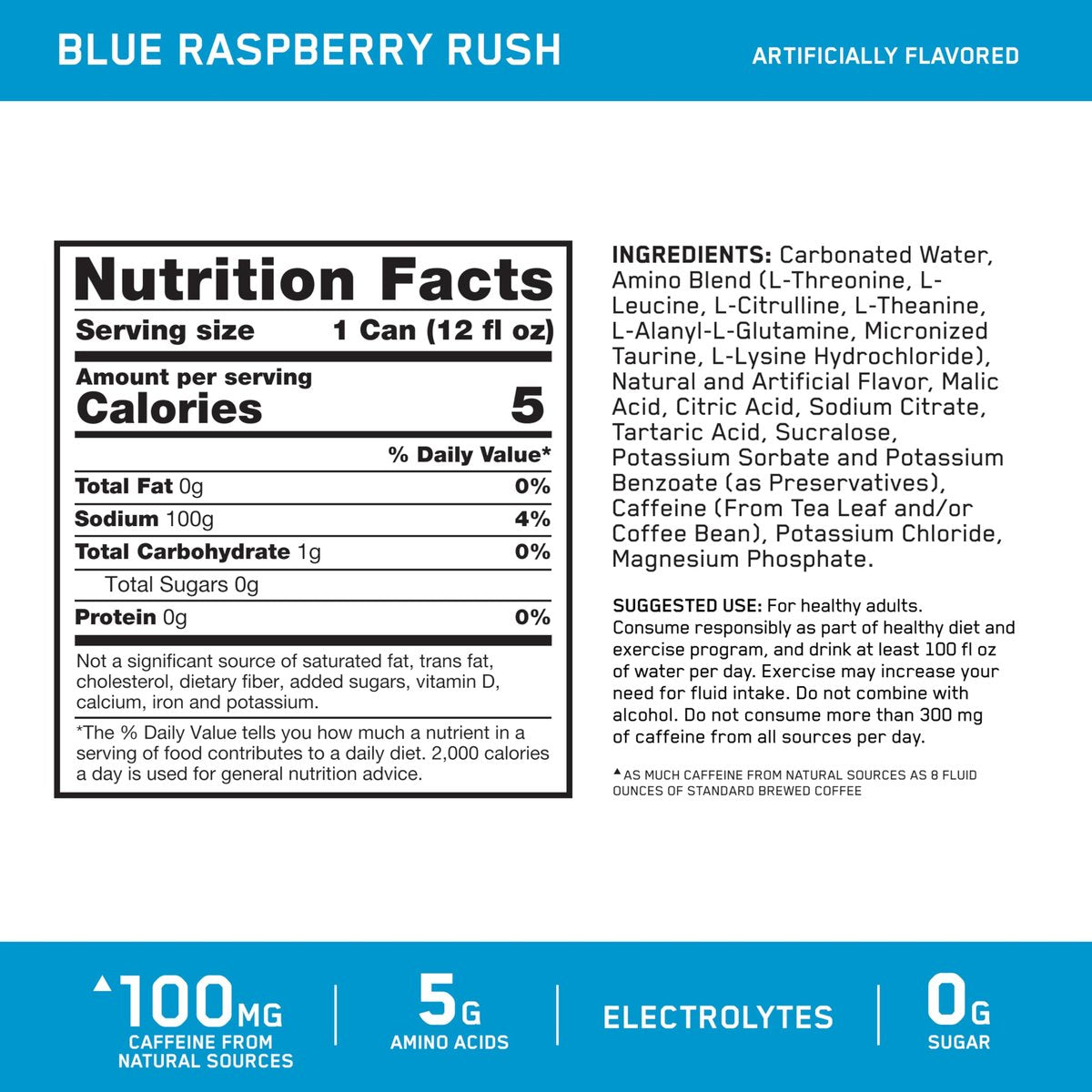 Optimum Nutrition Amino Energy Sparkling Hydration Drink, Elektrolyte, Koffein, Aminosäuren, BCAAs, Zuckerfrei, Neu: Blue Raspberry Rush, 12 Fl Oz, 12er Pack
