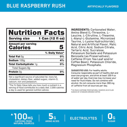 Optimum Nutrition Amino Energy Sparkling Hydration Drink, Elektrolyte, Koffein, Aminosäuren, BCAAs, Zuckerfrei, Neu: Blue Raspberry Rush, 12 Fl Oz, 12er Pack