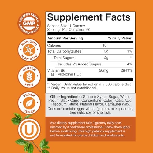 Potente Vitamin B6 Gummibärchen für Erwachsene - 50 mg Vitamin B6 pro Portion, vegane und koschere Gummivitamine für Immun-, Nerven- und Stimmungsunterstützung - 60 Stück