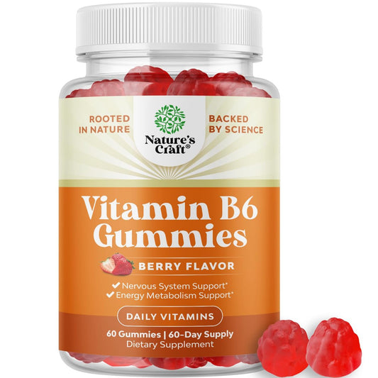 Potente Vitamin B6 Gummibärchen für Erwachsene - 50 mg Vitamin B6 pro Portion, vegane und koschere Gummivitamine für Immun-, Nerven- und Stimmungsunterstützung - 60 Stück