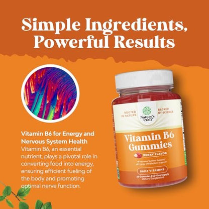 Potente Vitamin B6 Gummibärchen für Erwachsene - 50 mg Vitamin B6 pro Portion, vegane und koschere Gummivitamine für Immun-, Nerven- und Stimmungsunterstützung - 60 Stück