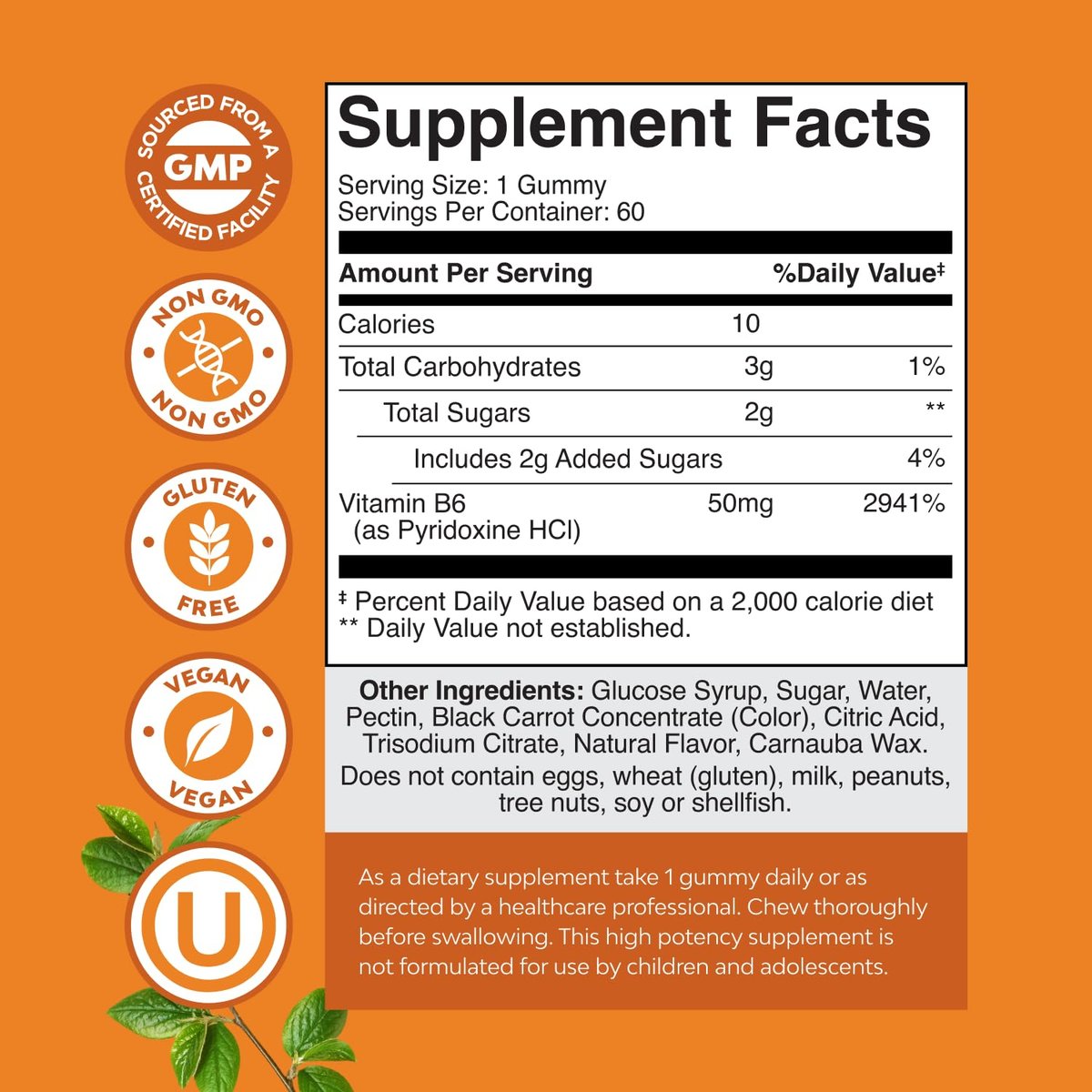 Potente Vitamin B6 Gummibärchen für Erwachsene - 50 mg Vitamin B6 pro Portion, vegane und koschere Gummivitamine für Immun-, Nerven- und Stimmungsunterstützung - 60 Stück