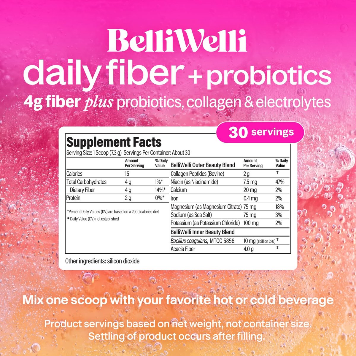 Belli Welli Unflavored Daily Fiber Supplement Pulver mit Kollagen, Probiotika & Elektrolyten | Unterstützt Verdauungsgesundheit, Darmbalance & Entblähung, Zuckerfrei | 30 Portionen