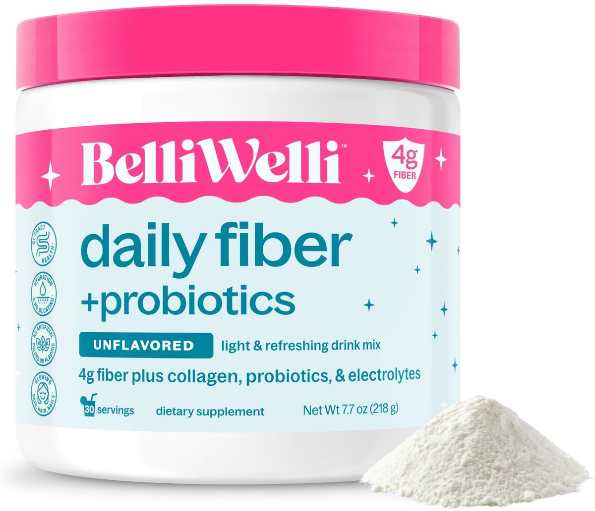 Belli Welli Unflavored Daily Fiber Supplement Pulver mit Kollagen, Probiotika & Elektrolyten | Unterstützt Verdauungsgesundheit, Darmbalance & Entblähung, Zuckerfrei | 30 Portionen