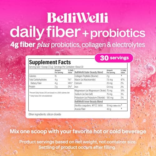 Belli Welli Unflavored Daily Fiber Supplement Pulver mit Kollagen, Probiotika & Elektrolyten | Unterstützt Verdauungsgesundheit, Darmbalance & Entblähung, Zuckerfrei | 30 Portionen