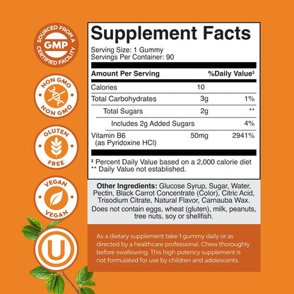 Potente Vitamin B6 Gummis für Erwachsene – 50 mg pro Portion – Vegan, Koscher – 90 Stück