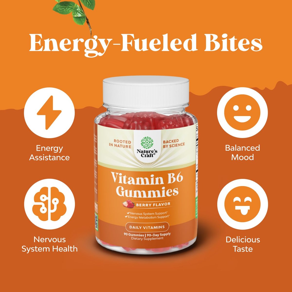 Potente Vitamin B6 Gummis für Erwachsene – 50 mg pro Portion – Vegan, Koscher – 90 Stück