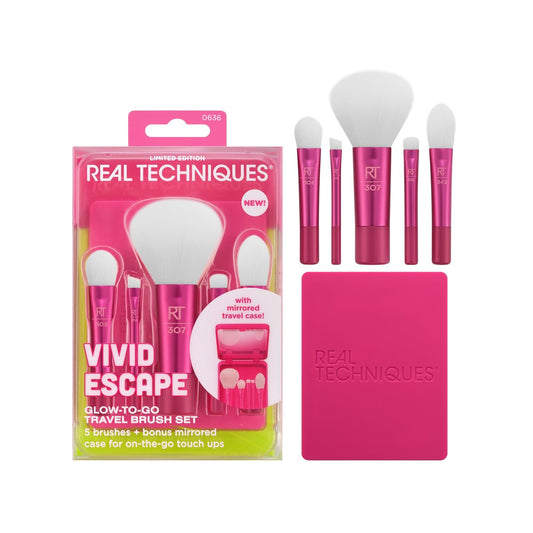 Real Techniques Vivid Escape Glow-To-Go Reise-Makeup-Pinselset 6-teilig, Mini Make-up Pinsel für Lidschatten, Concealer, Contouring und Rouge, inklusive Spiegel-Kosmetiketui, tierversuchsfrei und vegan