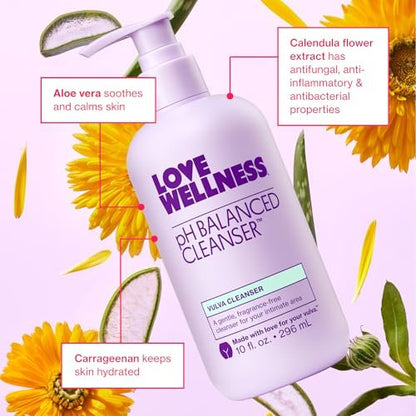 Love Wellness pH-Balancing Reinigungsmittel | Sanfte Intimwaschung für die tägliche Pflege | Ohne Duftstoffe, nicht reizend & pH-angepasst | Mit Aloe Vera & Ringelblume für empfindliche Haut | 295 ml