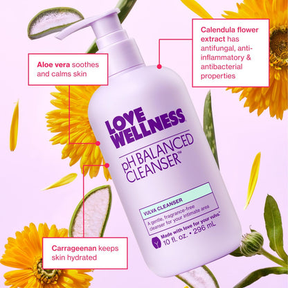 Love Wellness pH-Balancing Reinigungsmittel | Sanfte Intimwaschung für die tägliche Pflege | Ohne Duftstoffe, nicht reizend & pH-angepasst | Mit Aloe Vera & Ringelblume für empfindliche Haut | 295 ml