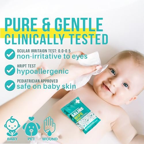 EVERLIT CARE Saline Wipes | 80 Stück sterile Feuchttücher für empfindliche Haut | Nase, Piercing-Pflege, Baby & Kinder | alkoholfrei mit Aloe Vera | 6" x 8" extra große Tücher