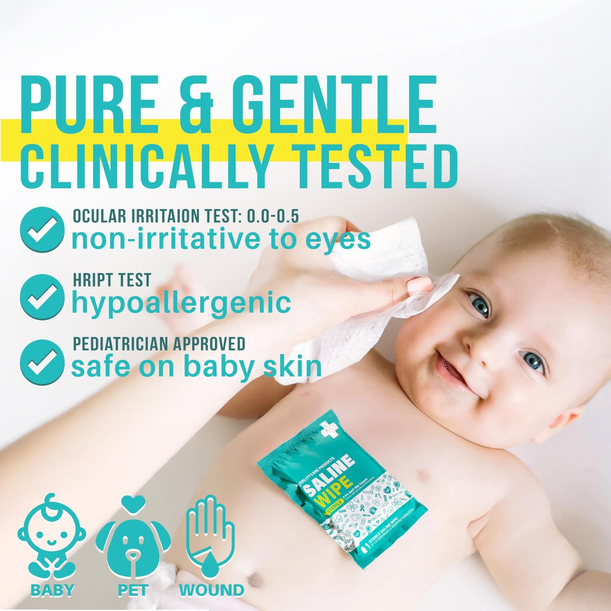 EVERLIT CARE Saline Wipes | 80 Stück sterile Feuchttücher für empfindliche Haut | Nase, Piercing-Pflege, Baby & Kinder | alkoholfrei mit Aloe Vera | 6" x 8" extra große Tücher