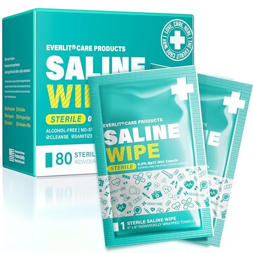 EVERLIT CARE Saline Wipes | 80 Stück sterile Feuchttücher für empfindliche Haut | Nase, Piercing-Pflege, Baby & Kinder | alkoholfrei mit Aloe Vera | 6" x 8" extra große Tücher