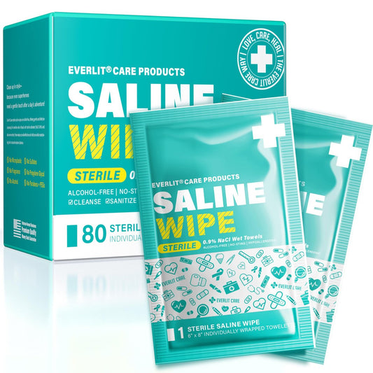 EVERLIT CARE Saline Wipes | 80 Stück sterile Feuchttücher für empfindliche Haut | Nase, Piercing-Pflege, Baby & Kinder | alkoholfrei mit Aloe Vera | 6" x 8" extra große Tücher