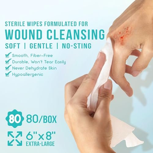 EVERLIT CARE Saline Wipes | 80 Stück sterile Feuchttücher für empfindliche Haut | Nase, Piercing-Pflege, Baby & Kinder | alkoholfrei mit Aloe Vera | 6" x 8" extra große Tücher