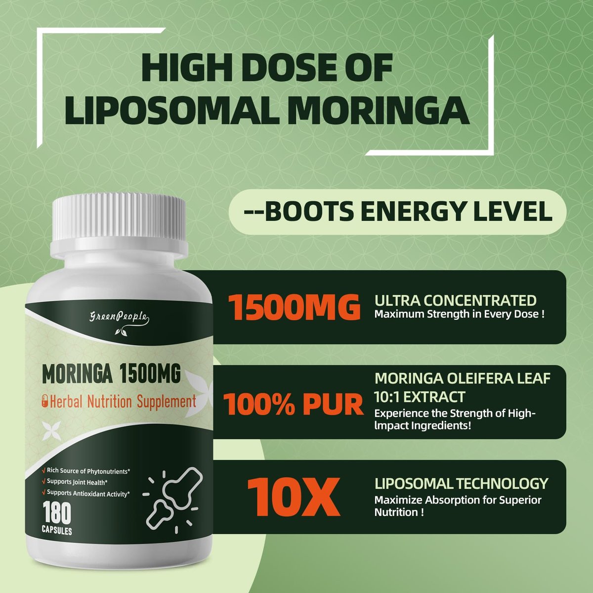 GREENPEOPLE Moringa-Ganzblattkapseln 1500mg - Hochdosiert 10:1 Moringa Oleifera Blattextrakt - Natürliches Superfood für Energie & Immunsystem - Vegan, Nicht-GVO, Koffeinfrei - 180 Kapseln