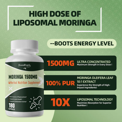 GREENPEOPLE Moringa-Ganzblattkapseln 1500mg - Hochdosiert 10:1 Moringa Oleifera Blattextrakt - Natürliches Superfood für Energie & Immunsystem - Vegan, Nicht-GVO, Koffeinfrei - 180 Kapseln