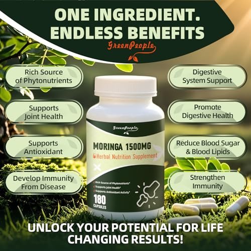 GREENPEOPLE Moringa-Ganzblattkapseln 1500mg - Hochdosiert 10:1 Moringa Oleifera Blattextrakt - Natürliches Superfood für Energie & Immunsystem - Vegan, Nicht-GVO, Koffeinfrei - 180 Kapseln