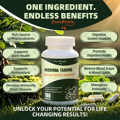 GREENPEOPLE Moringa-Ganzblattkapseln 1500mg - Hochdosiert 10:1 Moringa Oleifera Blattextrakt - Natürliches Superfood für Energie & Immunsystem - Vegan, Nicht-GVO, Koffeinfrei - 180 Kapseln